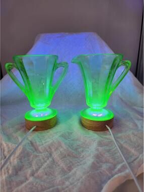 Vintage Uranium Glass Creamer & Sugar Set Depression Era Vaseline Glows UV I2
